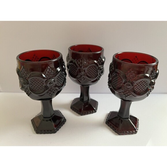 Vintage Avon 1876 Cape Cod Ruby Red Cordial Wine Glasses Footed Stem 4.5" Set/3 - Picture 1 of 6